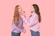 © Pixel-Shot - Beautiful young woman doing makeup to sister on pink background