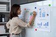 © Wasana - A woman in a business suit pointing at a whiteboard with graphs