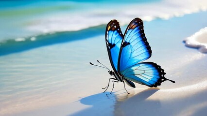 Wall Mural - Butterfly on the seashore. Animation of wings and waves.