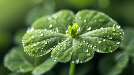 Wall Mural - a close-up of a four-leaf clover coated in dew in the morning light; nature, vegetation, luck, symbol, freshness, summer, macro (1)