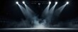 © ezra - Illuminated stage with scenic lights and smoke. color vector spotlight with smoke volume light effect on black background. Stadium cloudiness projector