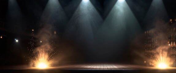 Illuminated stage with scenic lights and smoke. color vector spotlight with smoke volume light effect on black background. Stadium cloudiness projector