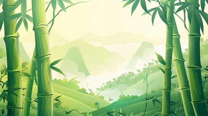 Wall Mural - Serene Bamboo Forest with Misty Mountain Landscape