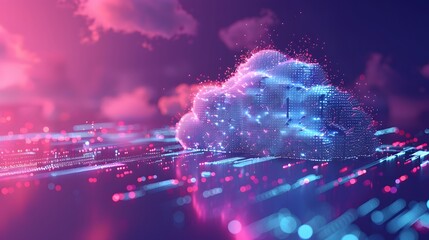 Digital cloud concept with neon lights and data streams, representing cloud computing, data storage, and futuristic technology.