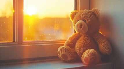 Sticker - Teddy bear toy by window at sunset Empty space for text