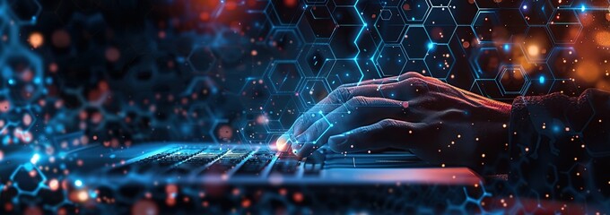 hand typing on a laptop with futuristic digital overlay