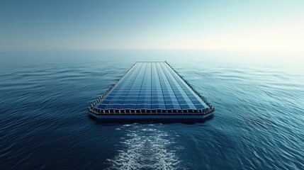 Floating solar panel array on serene ocean surface, harnessing renewable energy. Sustainable technology and clean energy concept.