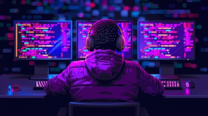 Programmer in Neon Lit Room.