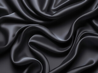 Black silk background with dark luxurious fabric draped texture folds in waves of flowing soft pattern, abstract satin or velvet cloth in luxury material design. ai