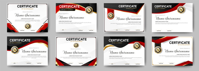 Wall Mural - black and red certificates template design. eight horizontal diploma certificates. vector