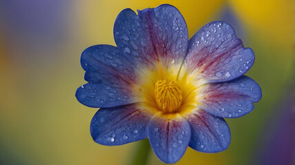 Canvas Print - blue and yellow flower with water drops, ai generated