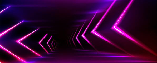 Wall Mural - neon light tunnel perspective. vector realistic illustration of dark hall with triangular shape geom