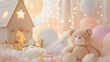 © NoonPanaya - astel color balloons amidst fluffy clouds, twinkling stars, kids toys, teddy bear, wooden house, wooden train station, cute tent, and doll, with copyspace and lighting small bulb bokeh blur background