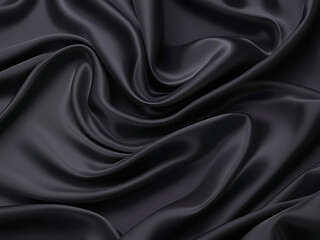 Black silk background with dark luxurious fabric draped texture folds in waves of flowing soft pattern, abstract satin or velvet cloth in luxury material design. ai