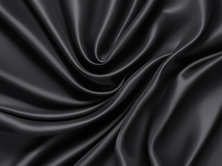 Black silk background with dark luxurious fabric draped texture folds in waves of flowing soft pattern, abstract satin or velvet cloth in luxury material design. ai