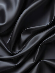 Black silk background with dark luxurious fabric draped texture folds in waves of flowing soft pattern, abstract satin or velvet cloth in luxury material design. ai