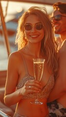 Wall Mural - Lovely pair enjoying champagne during a boat party