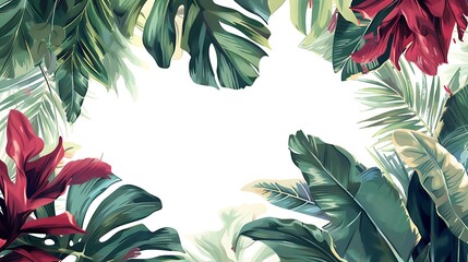 Wall Mural - Tropical Leaf Border with Red Flowers