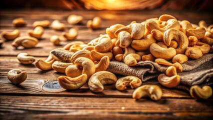 Wall Mural - Magnificent still life of scattered cashew nuts on a rustic wooden table against a warm, golden brown background texture.