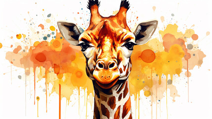 Poster - giraffe portrait, watercolor illustration on a white background, liquid paint spots, print for design