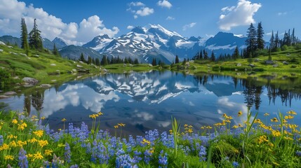 Poster -  mountain landscape with snow-capped peaks, green valleys