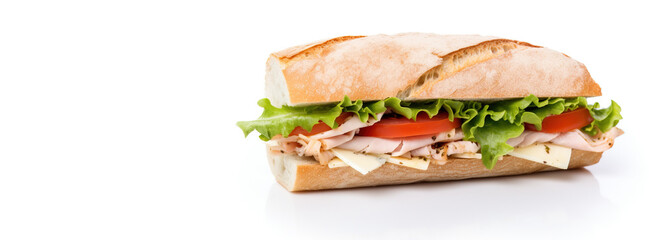 Wall Mural - Fresh sandwich with ham, cheese, tomatoes, fast food on white background, isolate. AI generated.