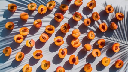 Wall Mural - A bunch of peaches are arranged on a white surface, AI