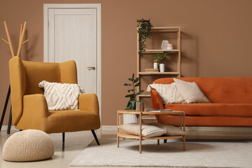 Poster - Interior of living room with sofa, armchair and soft carpet