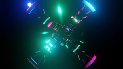 Wall Mural - abstract background 3d animation moving through shiny glass metal and neon lights tunnel, loop