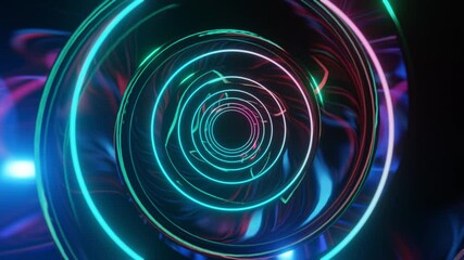 Wall Mural - abstract background 3d animation moving through shiny glass metal and neon lights tunnel, loop