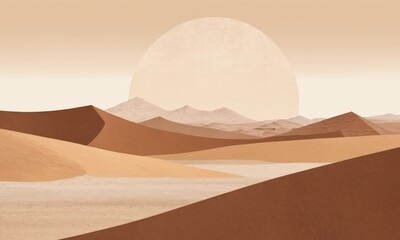 Wall Mural - Sand dunes in a desert landscape with a large, round sun