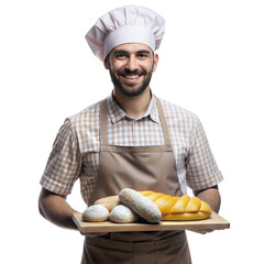 Smiling Baker Holding a Tray of Freshly Baked Bread