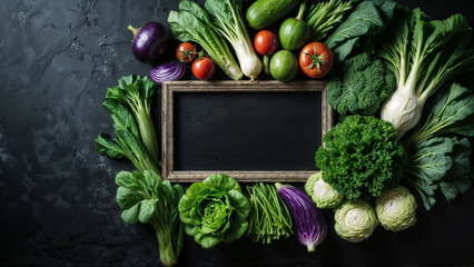 Vegetables on a black background, top view, place for text, empty space.