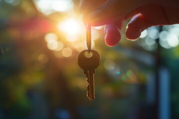 A hand holds a key against a blurred background with warm sunlight filtering through, creating a sense of opportunity and new beginnings