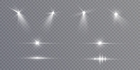 Leinwandbilder - Set of bright spotlight light. Isolated on transparent background. Solar flare with rays and glare on a transparent PNG background. Bright glow light effect. Vector illustration.