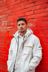 Poster - A man leaning against a red brick wall.