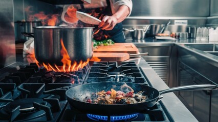 Wall Mural - A person cooking a meal on the stove with some flames, AI