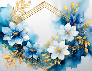 Wall Mural - golden frame with blue flowers and watercolor paint on a white background, template for wedding invi