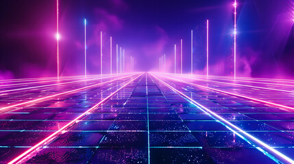 Wall Mural - Cyan blue and purple grids neon glow light lines design on perspective floor, creativity, digital