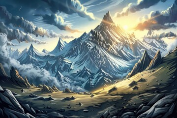 Wall Mural - Majestic Mountain Landscape with Towering Peaks and Golden Sunset