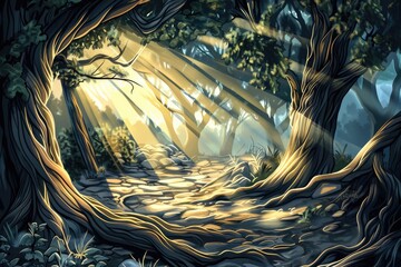 Wall Mural - Mystical forest path illuminated by golden sunlight rays shining through tall trees