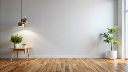 Wall Mural - Minimalist white wall background with empty space, wooden floor, and a few interior design elements, awaiting creative placement.