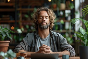 Wall Mural - An office worker sitting at their desk, rubbing their temples with a pained expression, indicating a severe headache caused by work stress