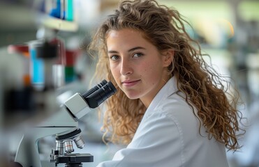 Female scientist conducting research in a laboratory while examining samples under a high-powered microscope