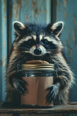 Wall Mural -  A raccoon atop a table, holding a jar with paws, gazes into the camera