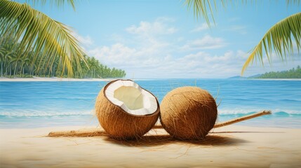 Wall Mural - A coconut cut in half on the beach 