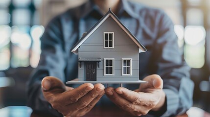 Real estate agents offer contracts to buy or rent housing. Businessman holding model small building house with property insurance at table in home sales office. copy space.