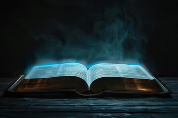 Bible glowing with magic against a dark background, evoking a sense of mystical wonder and spiritual illumination