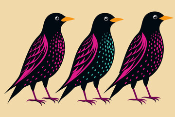 Wall Mural - A set of Beautiful European Starling birds vector art illustration 