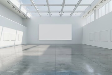 Blank white wall mockup in sunny modern empty gallery